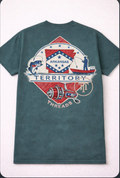 Arkansas Territory Threads fishing rod and reel with boat tshirt
