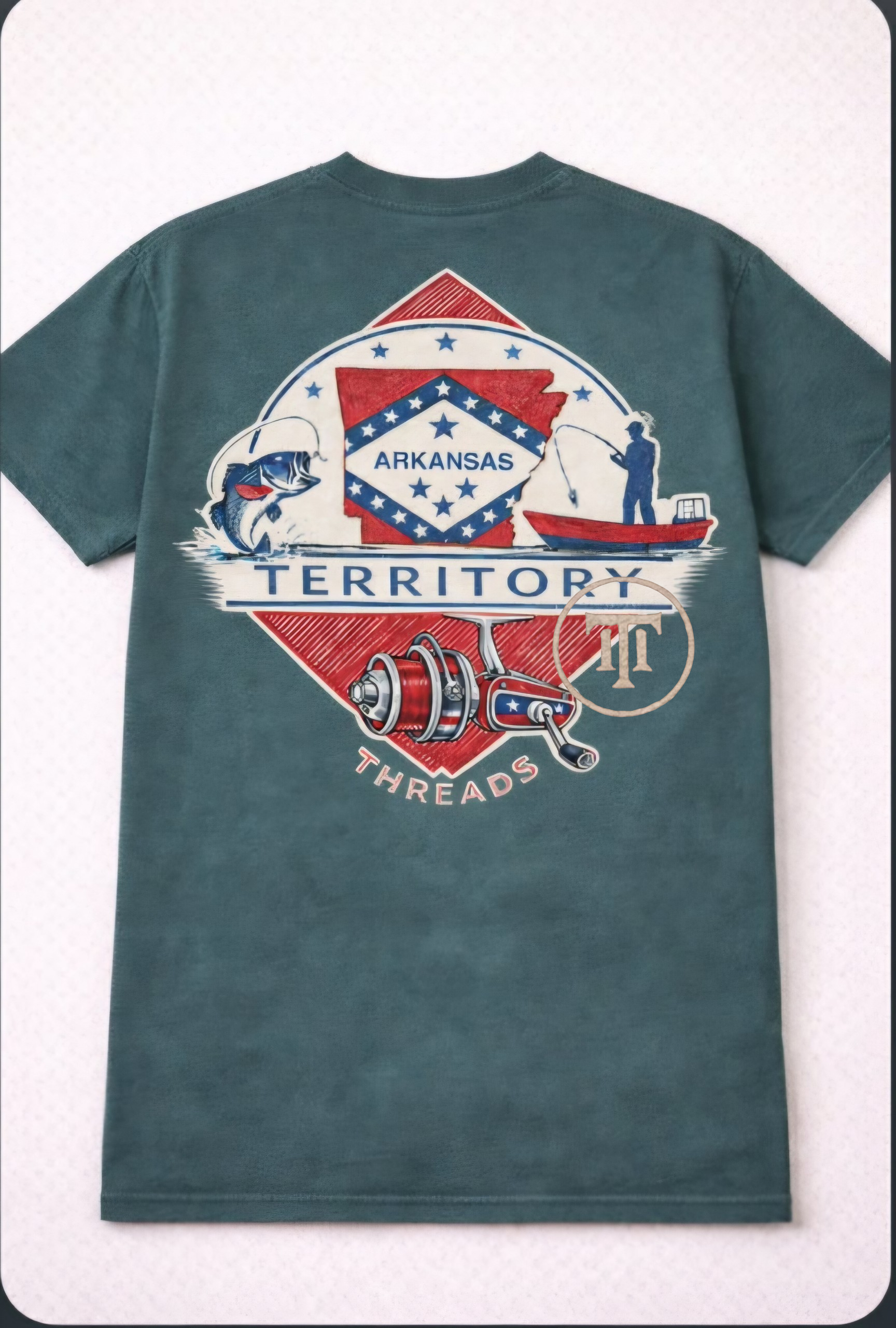 Arkansas Territory Threads fishing rod and reel with boat tshirt